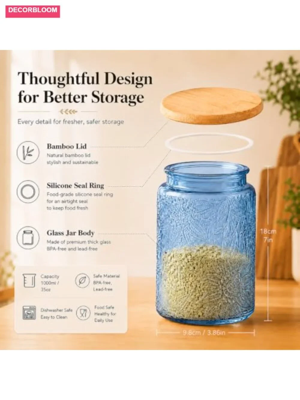 35oz Glass Storage Jar with Airtight Bamboo Lid, Food Canister for Pantry